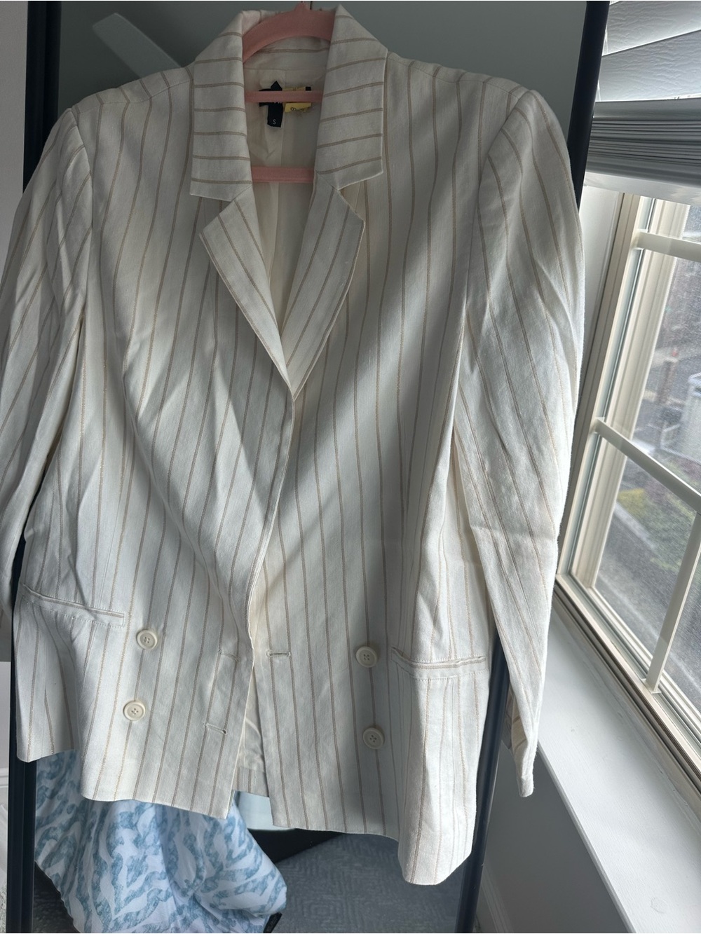 Paige Rosette Stripe Double-breasted Linen Blend Blazer Afterglow Gold Size S - Picture 3 of 5